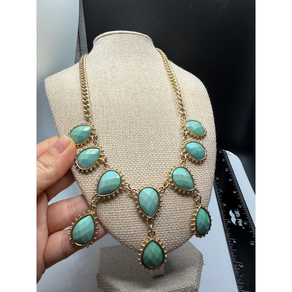 Gold Tone Faux Turquoise Teardrop Bib Statement‎ Necklace Bohemian Chain 19in
